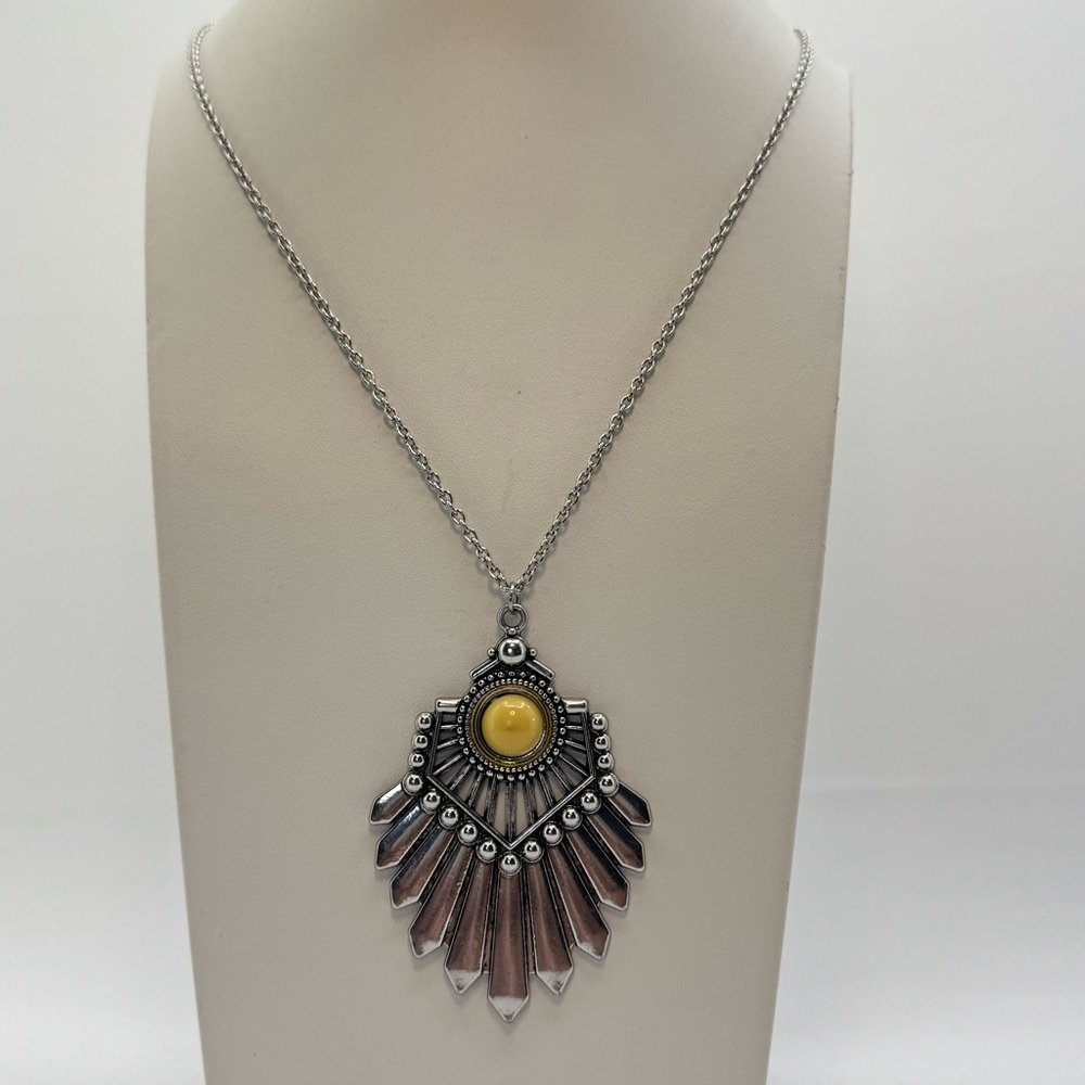 Bold Silver Tone Sunburst Tribal Medallion Long Statement Necklace